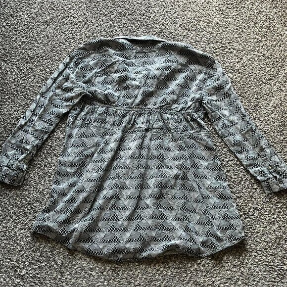 Anthropologie Black White Button Up Blouse Women L Ruched Waist Boho Geometric - Picture 4 of 8